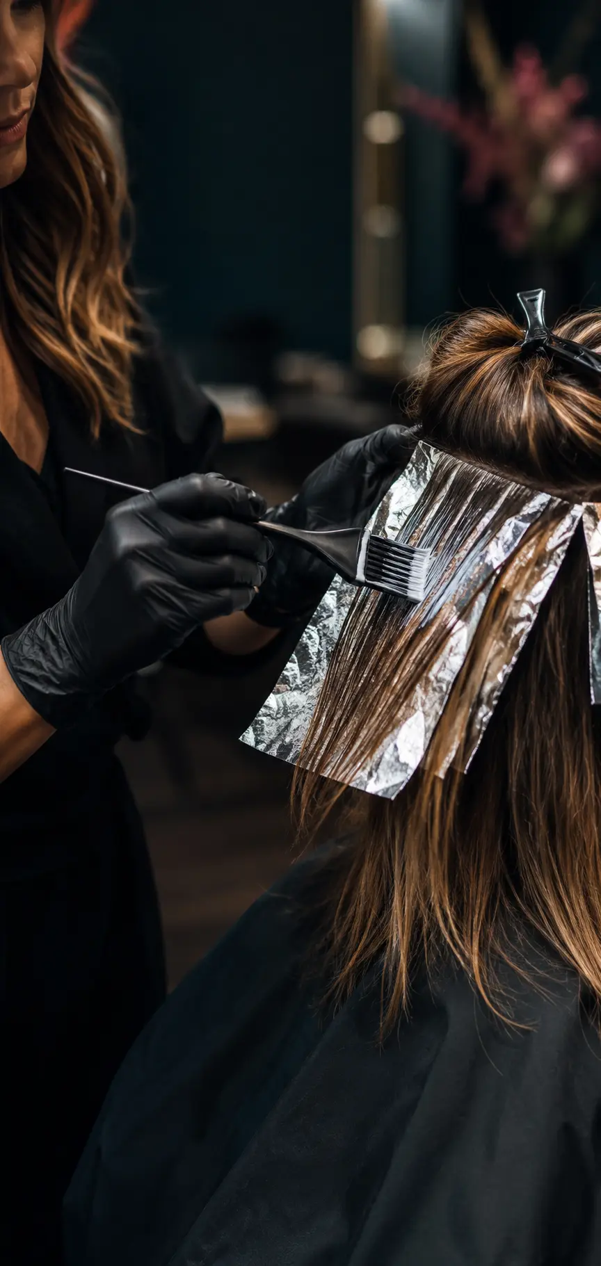A professional colorist applying dimensional hair color with a tint brush and foils