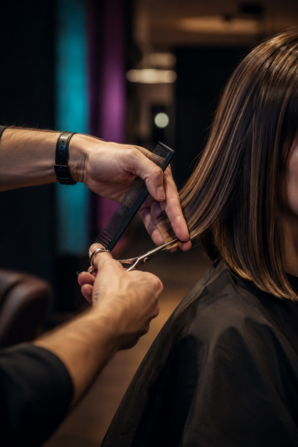 A professional stylist performing a precision haircut